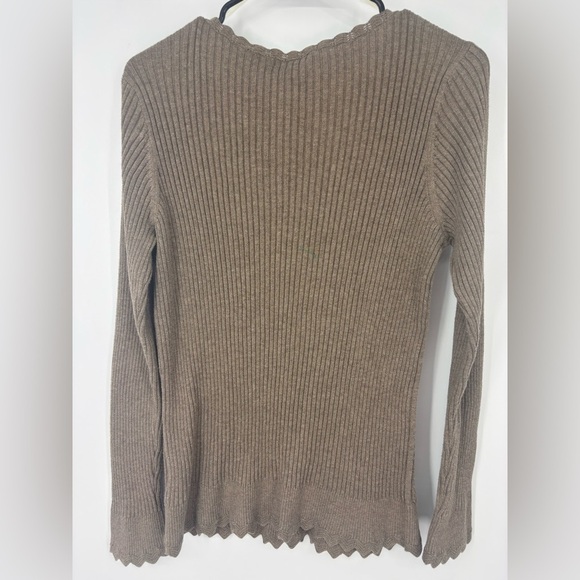 NWOT Jeanne Pierre 100% Cotton Scallop Trim Knit Sweater Beige Brown Large - Picture 2 of 3